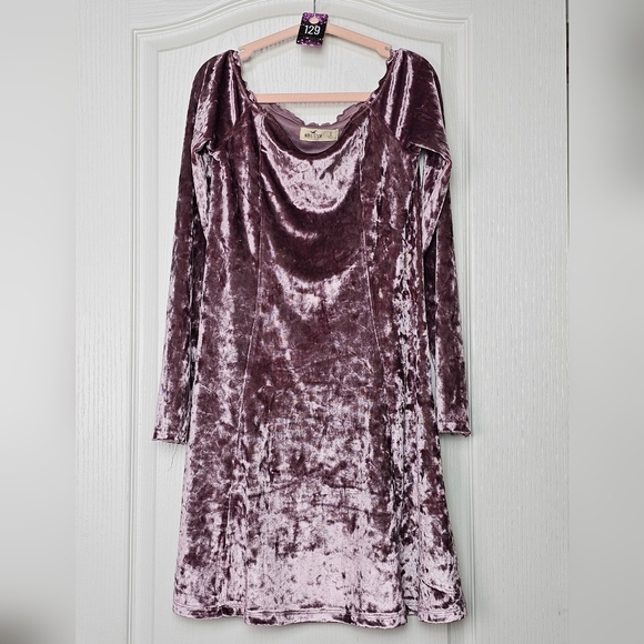 Womens Hollister Velvet Lavender Mauve Long Sleeve Off Shoulder Mini Dress SM - Picture 2 of 4